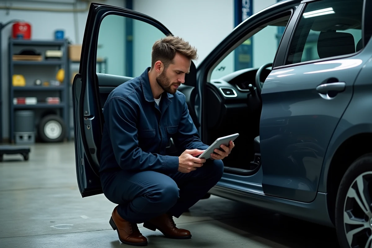 Mécanicien en garage diagnostiquant un voyant orange sur une Peugeot avec une tablette de diagnostic