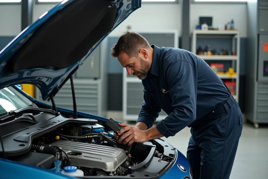 Mécanicien professionnel inspectant les injecteurs d'un moteur BMW M47 diesel dans un atelier automobile