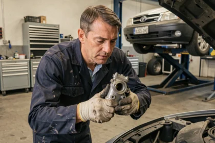 Mécanicien automobile inspectant une vanne EGR défectueuse dans un atelier de réparation