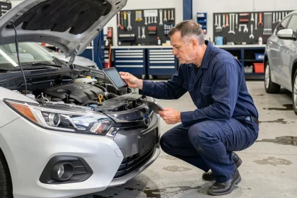 Mécanicien inspectant le groupe motopropulseur d'une voiture hybride dans un atelier automobile