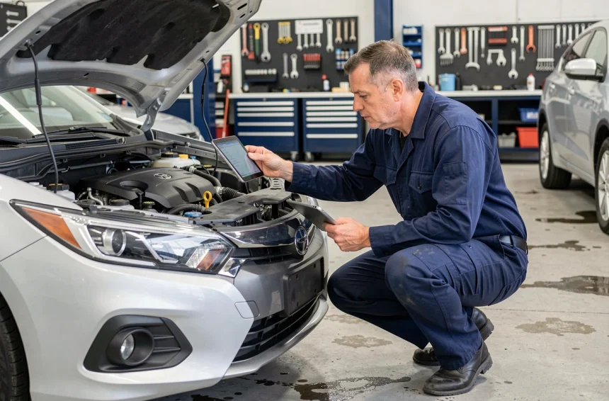 Mécanicien inspectant le groupe motopropulseur d'une voiture hybride dans un atelier automobile