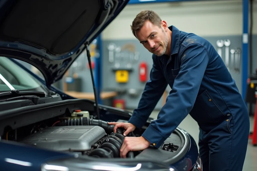 Mécanicien professionnel inspectant le moteur 1.5 BlueHDi 130 dans un atelier automobile équipé