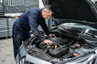 Mécanicien inspectant le moteur TCe d'une Renault Clio dans un garage professionnel
