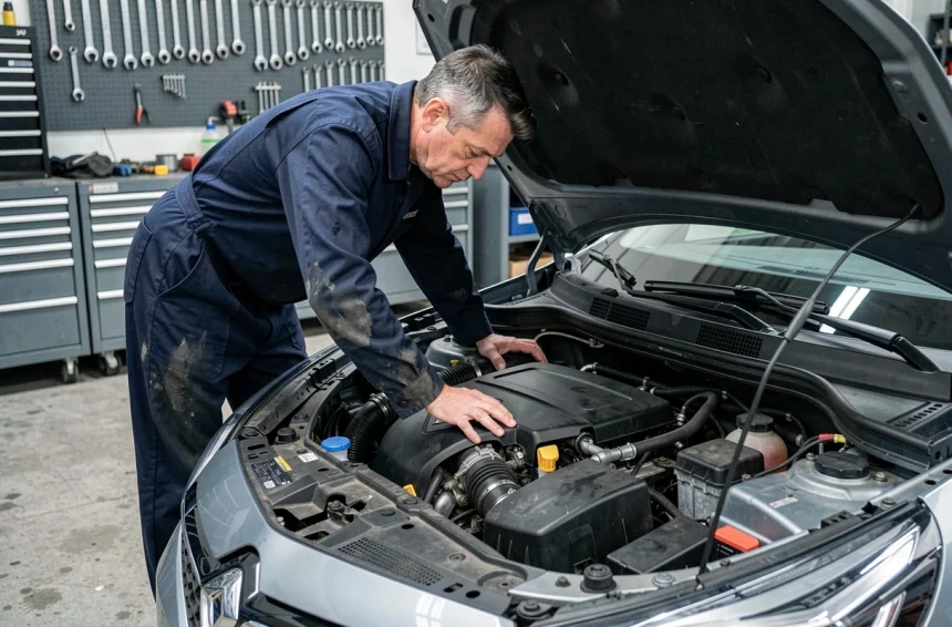 Mécanicien inspectant le moteur TCe d'une Renault Clio dans un garage professionnel