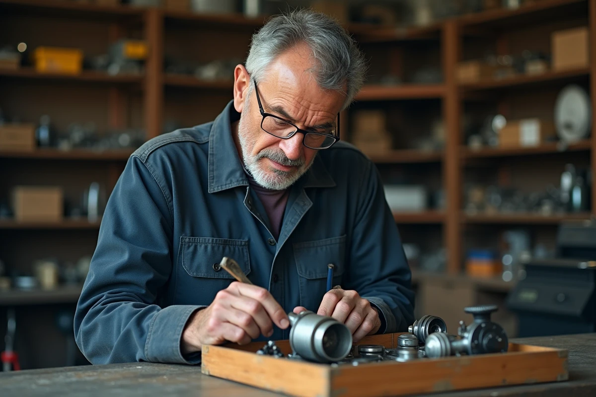 Mécanicien expérimenté inspectant des pièces détachées de carburateur pour une moto japonaise vintage des années 70