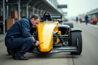 Mécanicien inspectant une Saxo Kit car jaune dans un paddock de circuit automobile