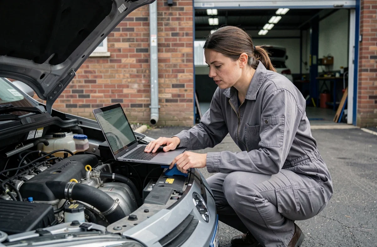 Mécanicienne connectant un outil de diagnostic au port OBD d'une voiture pour identifier un symptôme de vanne EGR défaillante