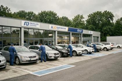 Vue d'ensemble d'un atelier de carrosserie professionnel en Essonne avec des techniciens inspectant des véhicules devant un garage moderne