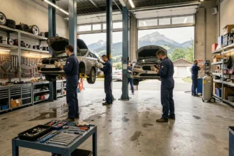 Vue panoramique d'un garage automobile professionnel en Auvergne-Rhône-Alpes avec plusieurs mécaniciens au travail