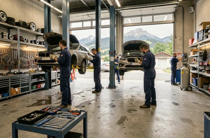 Vue panoramique d'un garage automobile professionnel en Auvergne-Rhône-Alpes avec plusieurs mécaniciens au travail