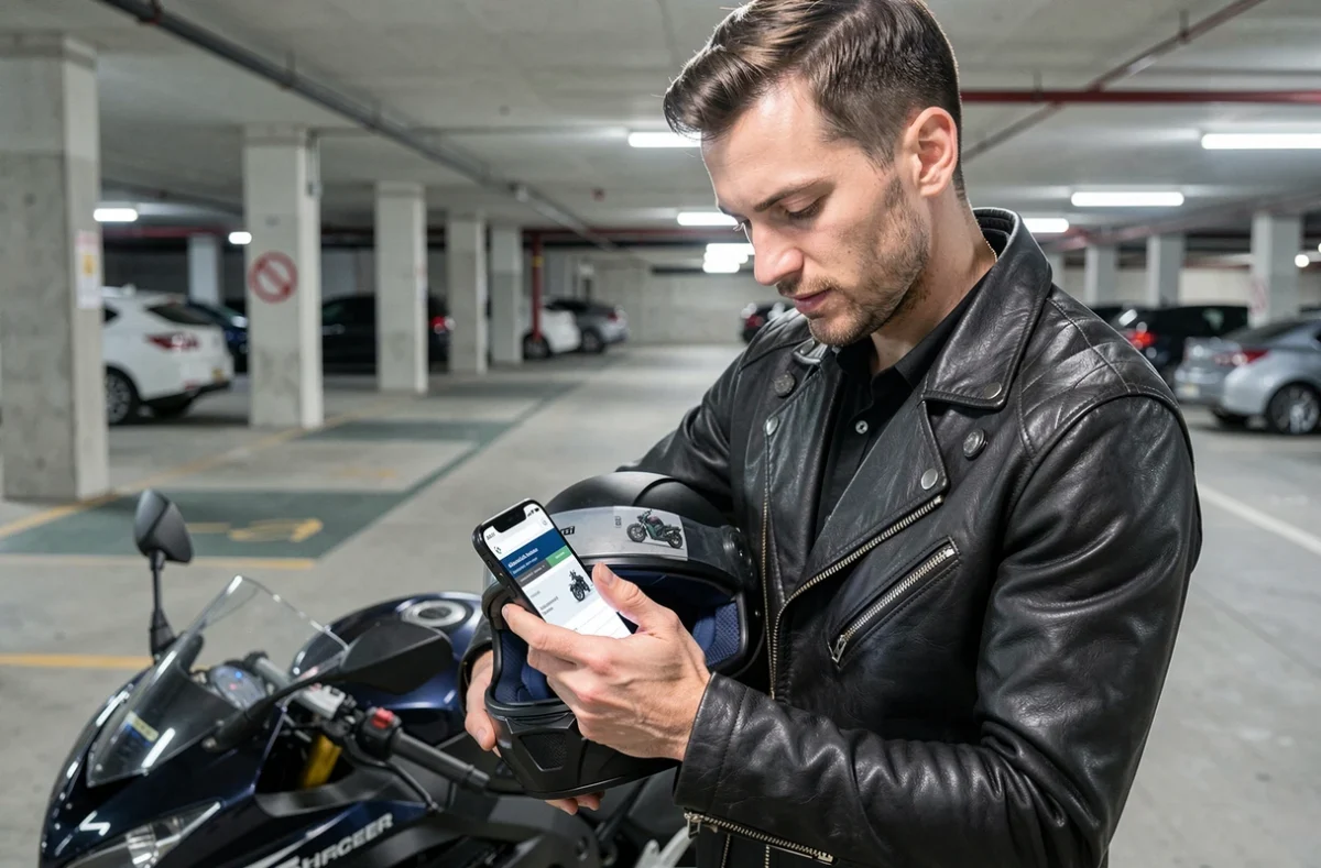 Motard comparant des assurances moto sur smartphone dans un parking