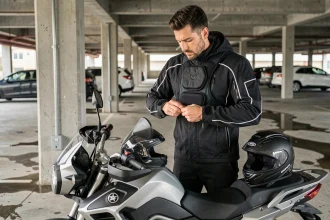 Motard équipant son gilet airbag moto intégré avant de partir en balade urbaine