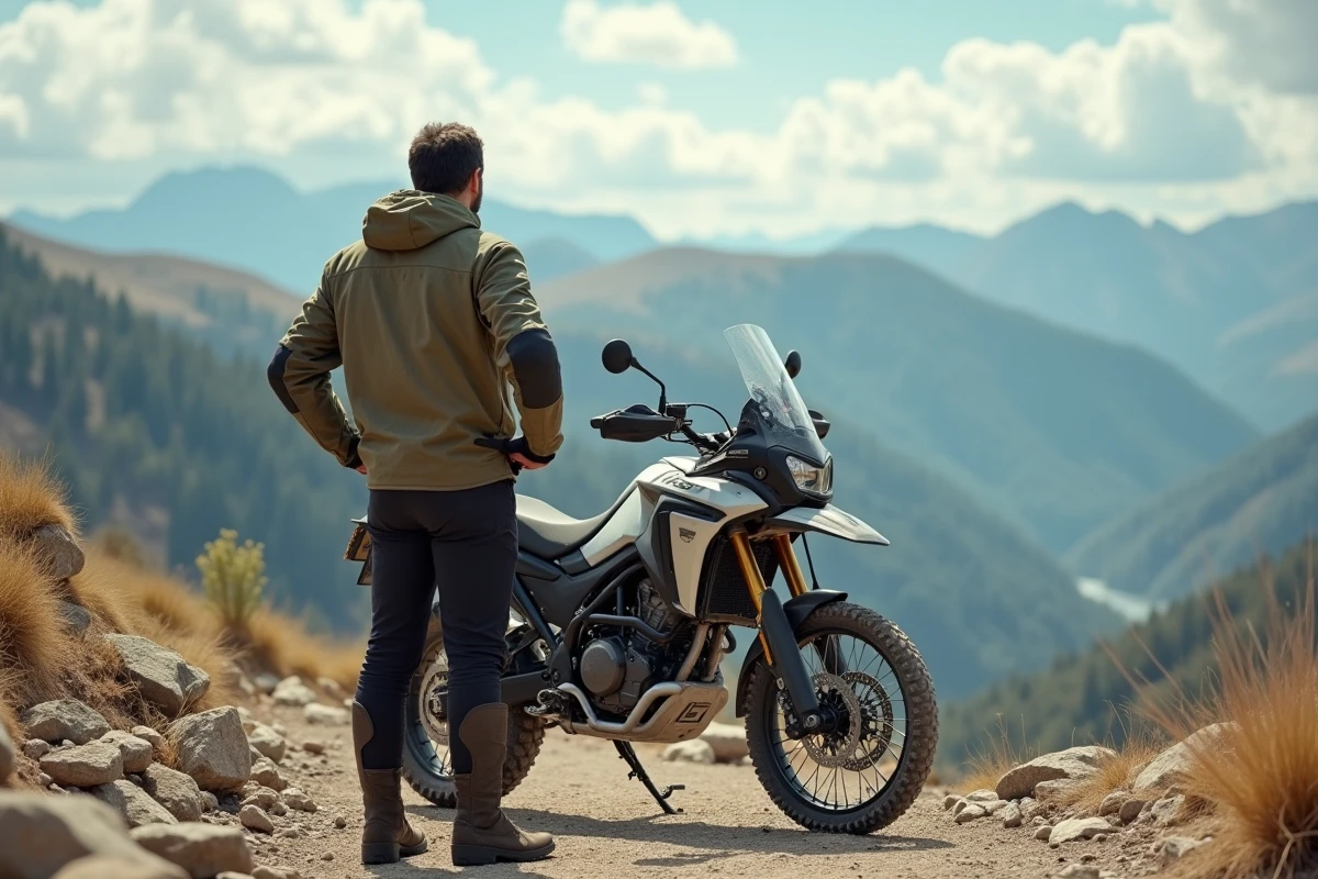 Motard grand gabarit debout près de sa moto trail en montagne sur sentier rocailleux avec vue sur vallée