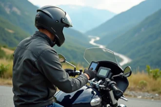 Motard en veste et gants ajustant GPS sur moto en montagne