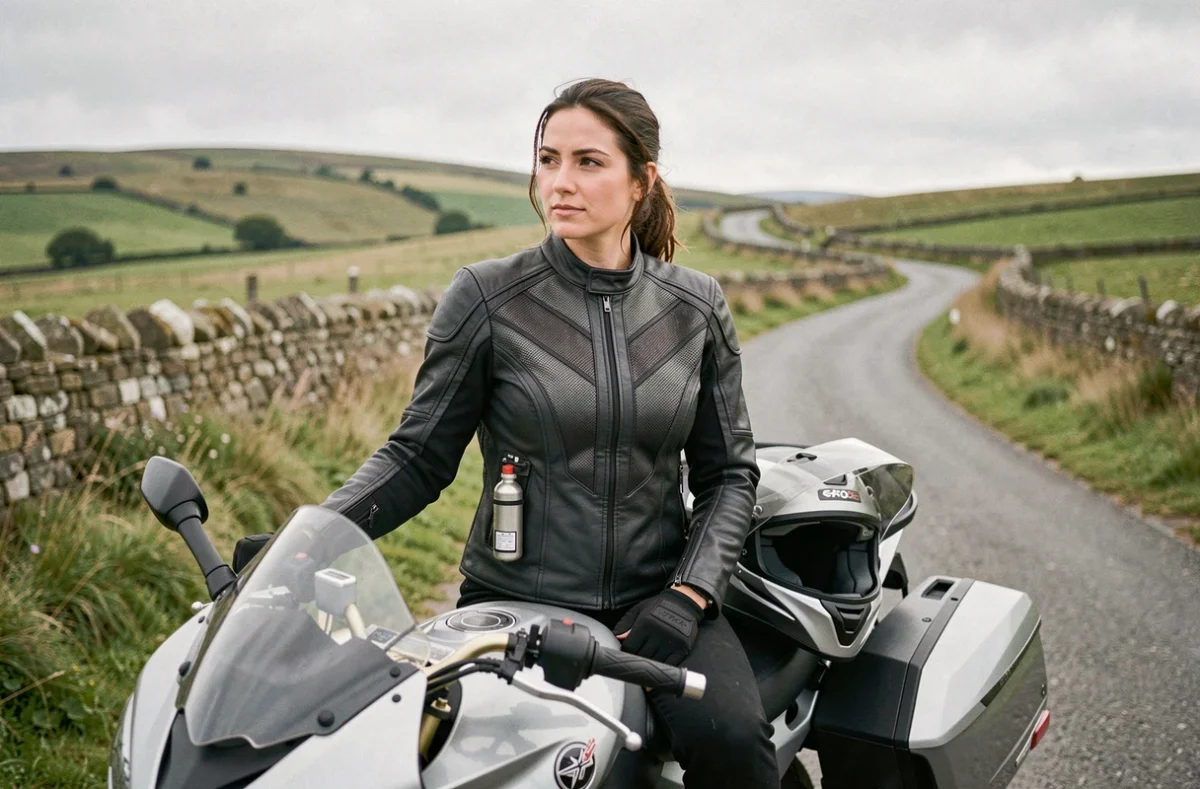 Motarde portant une veste airbag moto sur une route de campagne sinueuse