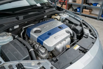 Vue plongeante du moteur 1.5 BlueHDi 130 dans le compartiment moteur d'une berline compacte européenne