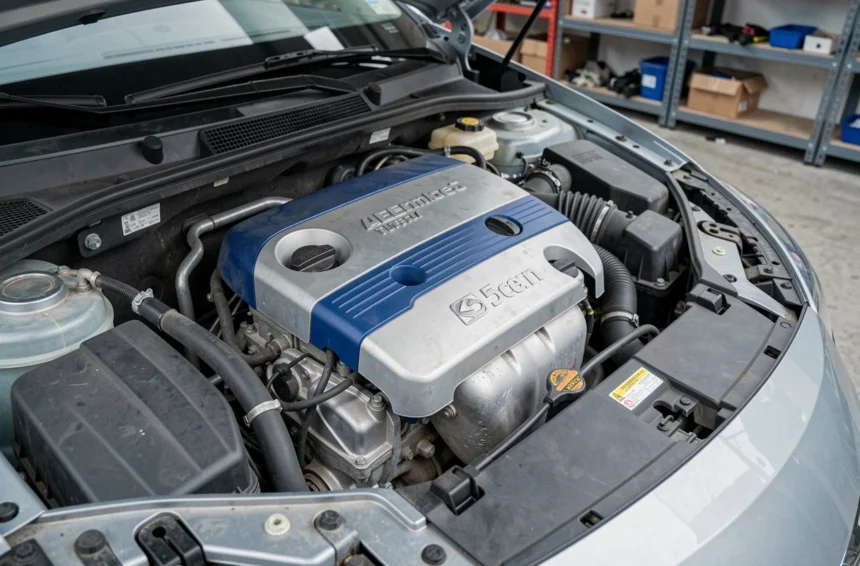 Vue plongeante du moteur 1.5 BlueHDi 130 dans le compartiment moteur d'une berline compacte européenne