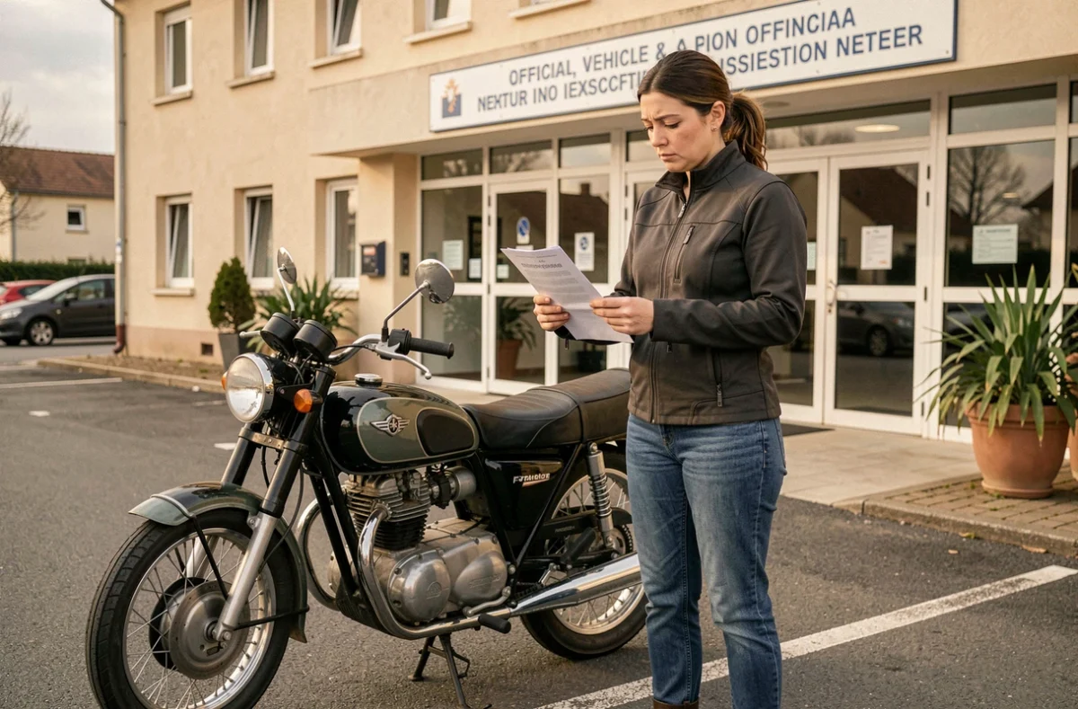 Motarde avec une moto ancienne consultant un document d'exemption devant un centre de contrôle technique