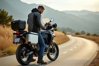 Motard avec Kawasaki 1000 GTR en balade rurale