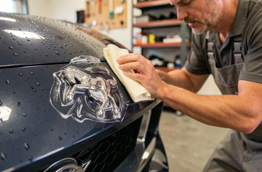 Homme appliquant une cire protectrice sur le logo cheval du Ford Mustang avec un chiffon microfibre dans un garage privé