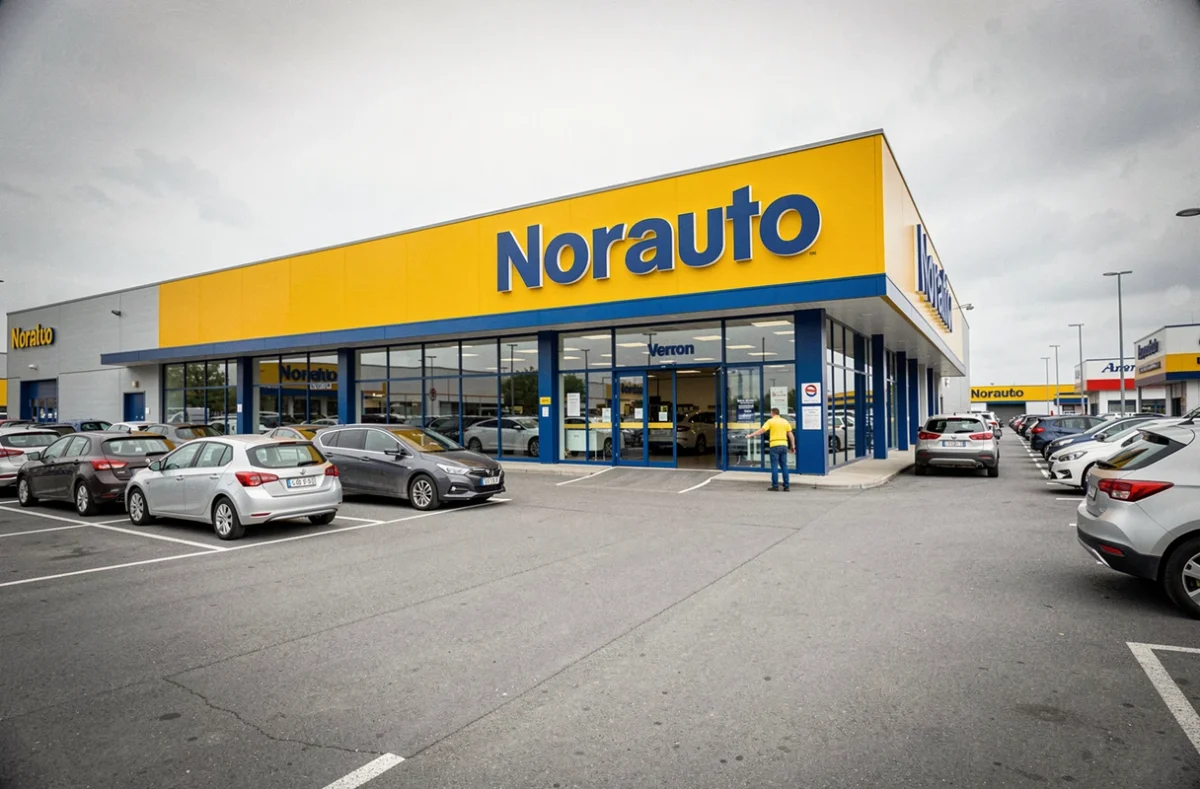 Façade du centre Norauto de Vernon avec son enseigne jaune et bleue et un conseiller accueillant un client à l'entrée
