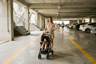 Mère poussant un landau dans l'allée accessible d'un parking familial à Carry-le-Rouet