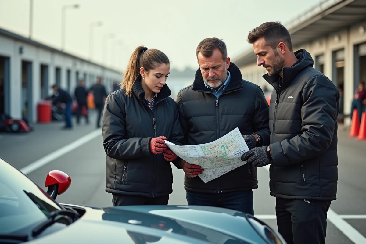 Groupe de participants d'un stage de pilotage discutant du tracé du circuit dans le paddock