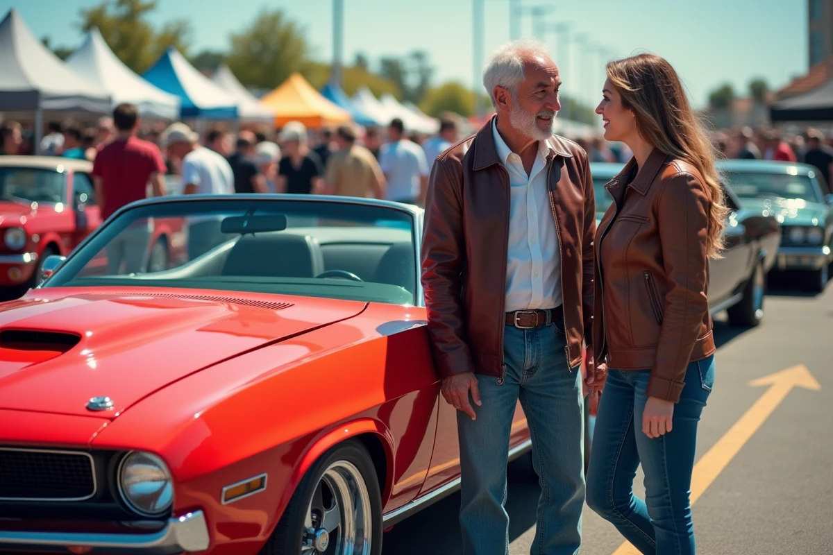 Homme et femme discutant près d une voiture muscle 1969
