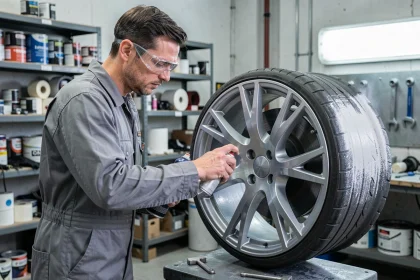 Technicien carrossier appliquant de la peinture aluminium sur une jante de voiture dans un atelier professionnel