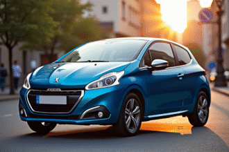 Peugeot 208 bleue au lever du soleil en ville