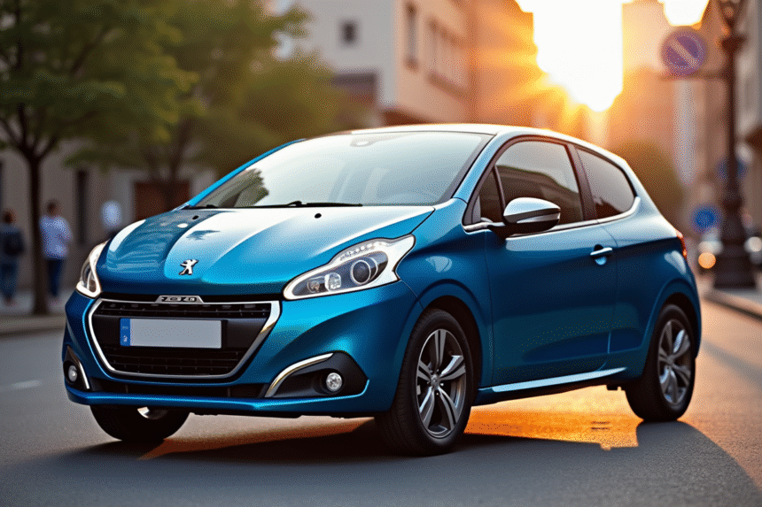 Peugeot 208 bleue au lever du soleil en ville