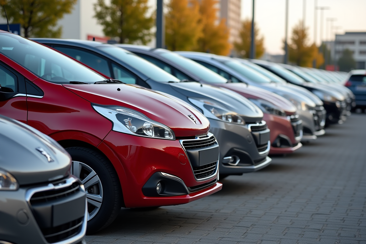 Plusieurs Peugeot 208 colorées en concession automobile