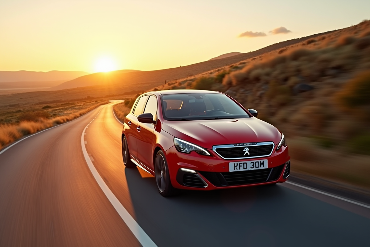 Peugeot 308 GTI en mouvement sur route de campagne