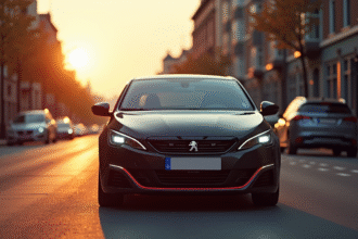 Peugeot 308 GTI stationnée en ville au lever du soleil