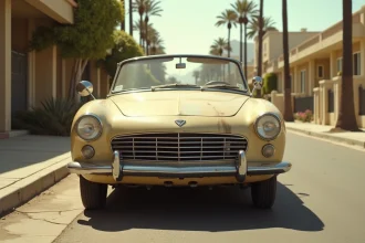 Peugeot 403 cabriolet vintage garée dans une rue de style Los Angeles, évoquant l'atmosphère de la série Columbo