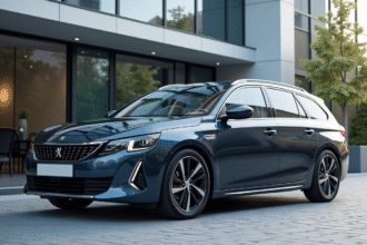 Peugeot 408 neuve devant un immeuble moderne en ville