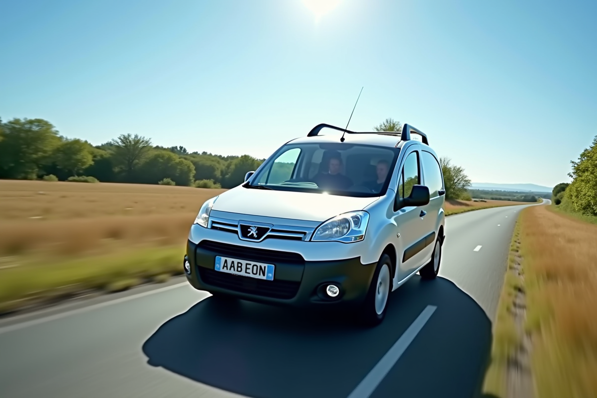 Voiture Peugeot Partner Tepee roulant dans la campagne ensoleillée vue du dessus
