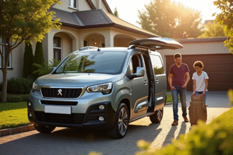 Peugeot Partner Tepee garé devant une maison de banlieue avec famille chargant les bagages