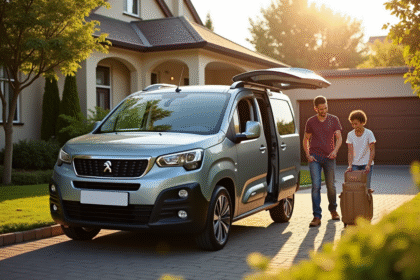 Peugeot Partner Tepee garé devant une maison de banlieue avec famille chargant les bagages