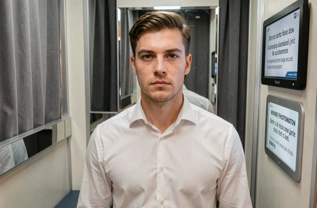 Jeune homme prenant des photos d'identité dans un photomaton pour son dossier de permis de conduire