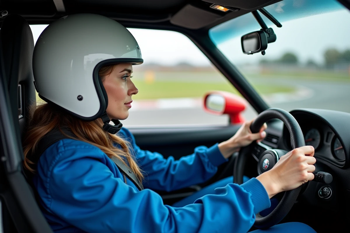 Pilote en stage de conduite sportive concentrée au volant d'une voiture de course sur circuit