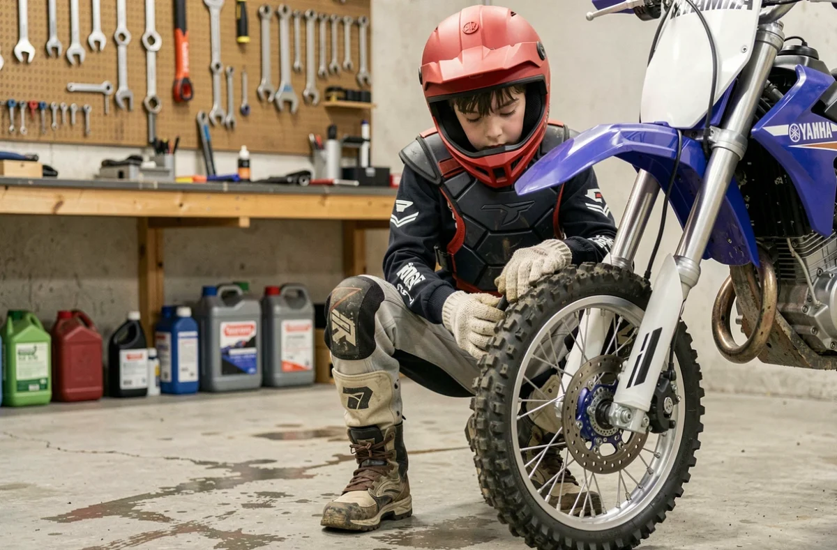 Jeune pilote en tenue de cross inspectant les fourches de sa Yamaha PW80 dans un atelier de mécanique