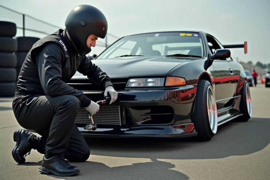 Jeune pilote en course ajustant la suspension d'une Nissan Silvia