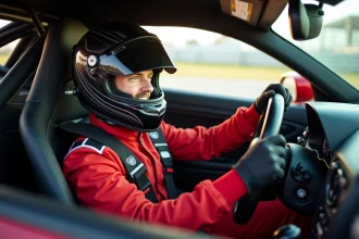 Pilote en combinaison de course dans le cockpit d'une voiture de circuit lors d'un stage de pilotage
