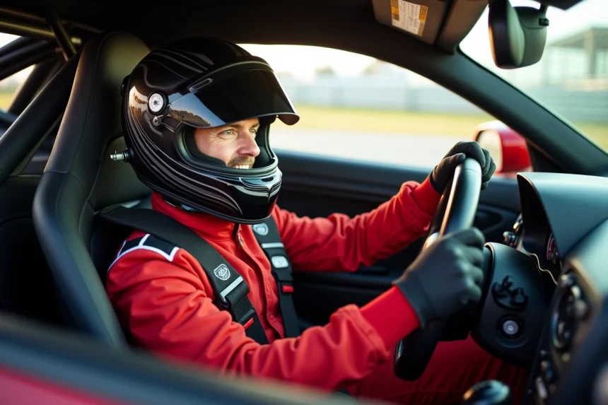 Pilote en combinaison de course dans le cockpit d'une voiture de circuit lors d'un stage de pilotage