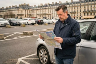 Homme consultant un plan de zone de stationnement à Bordeaux à côté de sa voiture garée dans un parking longue durée