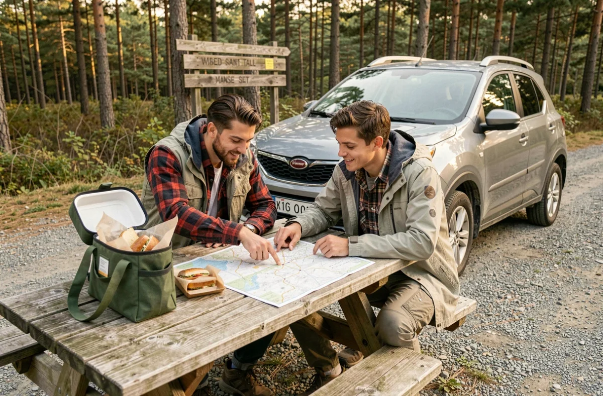 Couple planifiant un road trip pas cher avec une carte routière et un pique-nique fait maison à une aire de repos