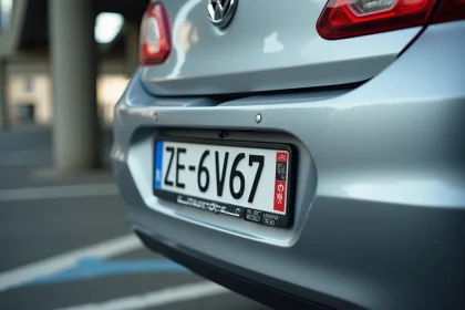 Gros plan sur une plaque d'immatriculation française avec numéro de département sur fond de parking urbain
