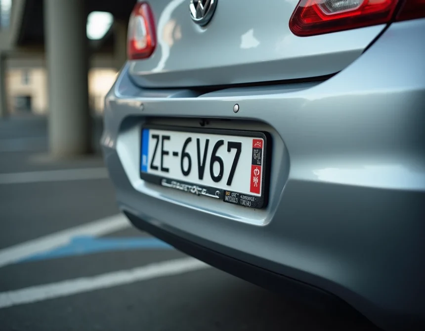 Gros plan sur une plaque d'immatriculation française avec numéro de département sur fond de parking urbain