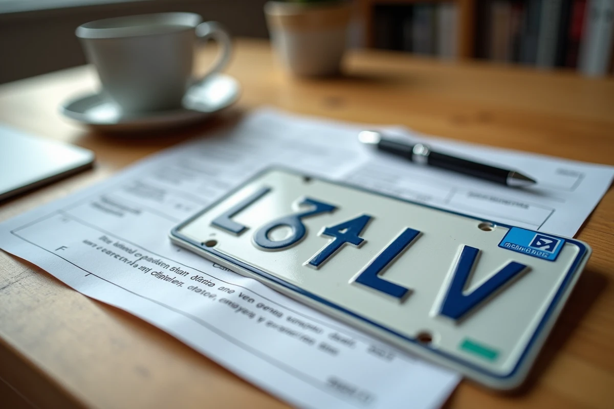 Plaque d'immatriculation lettone LV posée sur un bureau à côté d'un formulaire Cerfa et d'une carte grise française
